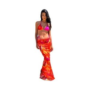 Pink and Orange Bikini Set with Skirt